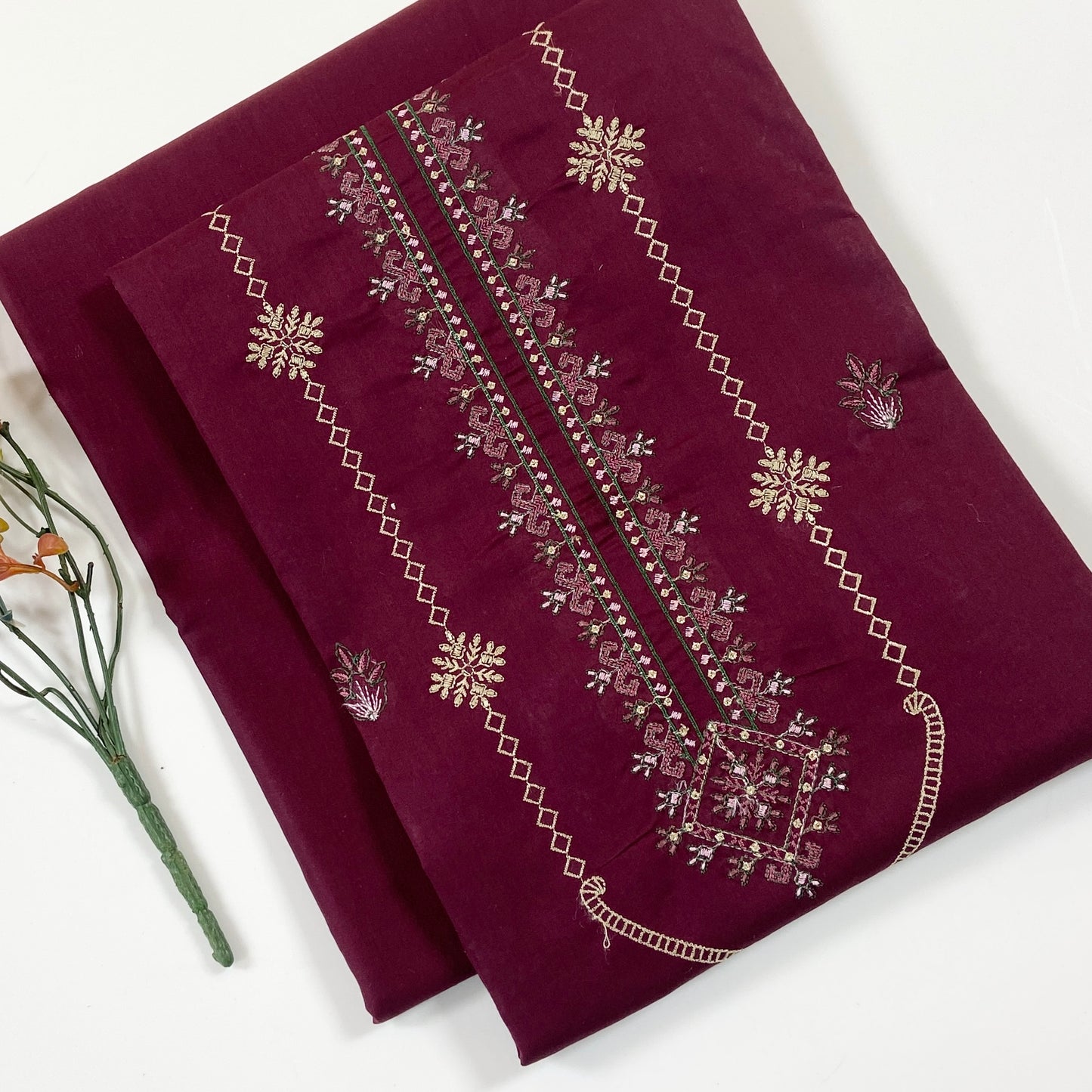 Ethnic Plain Emb Shirt & Trouser Lawn 2PC