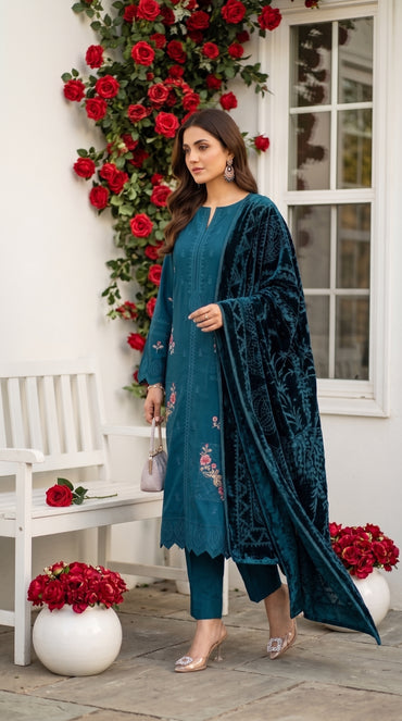 Marosh By Anaya Noor Embroidered Dhanak With Plachi Shawl 3PC