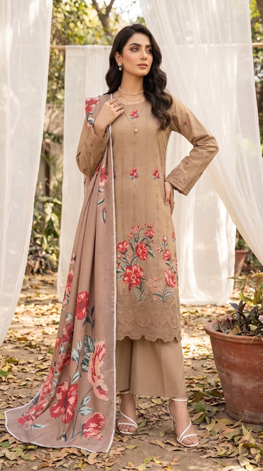 Hurab By Anaya Noor Heavy Emb Viscose With Print Cotray Shawl 3PC