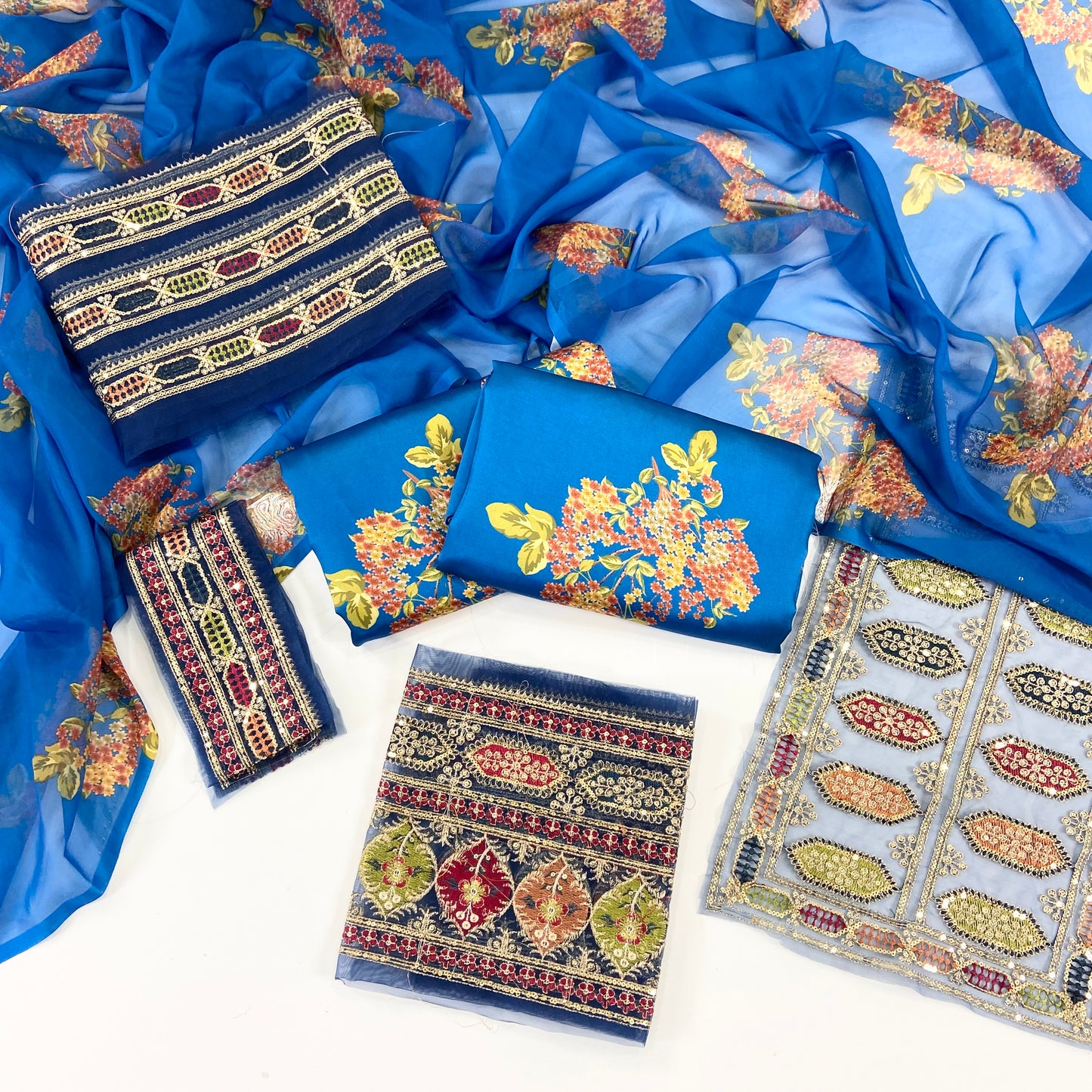 Printed Silk With Embroidered Patches 3PC