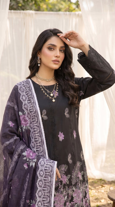 Hurab By Anaya Noor Heavy Emb Viscose With Print Cotray Shawl 3PC