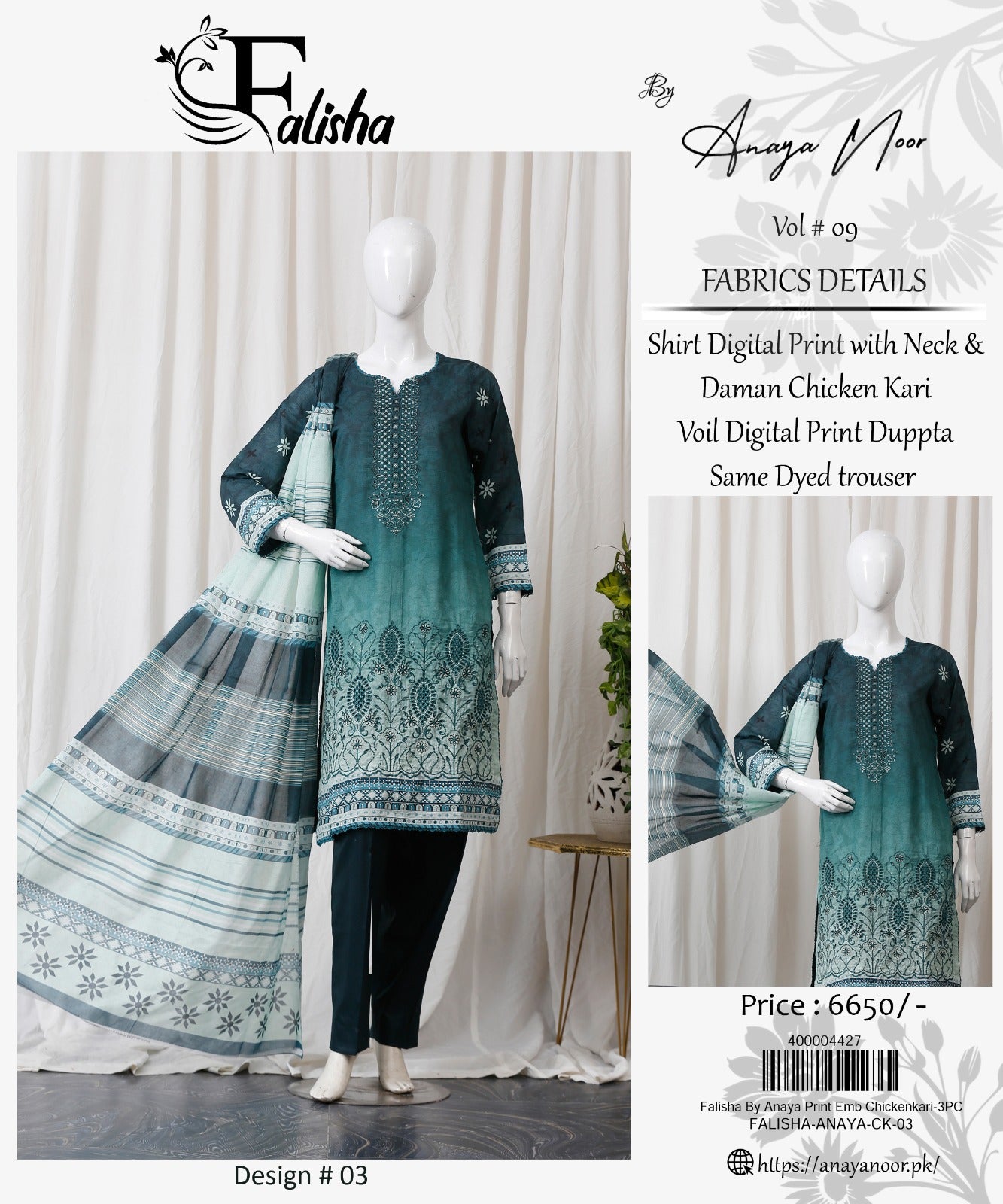 Falisha By Anaya Noor Print Emb Chickenkari 3-PC
