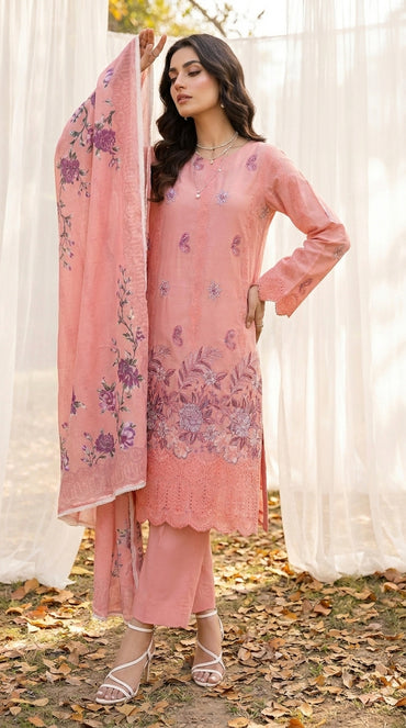 Hurab By Anaya Noor Heavy Emb Viscose With Print Cotray Shawl 3PC
