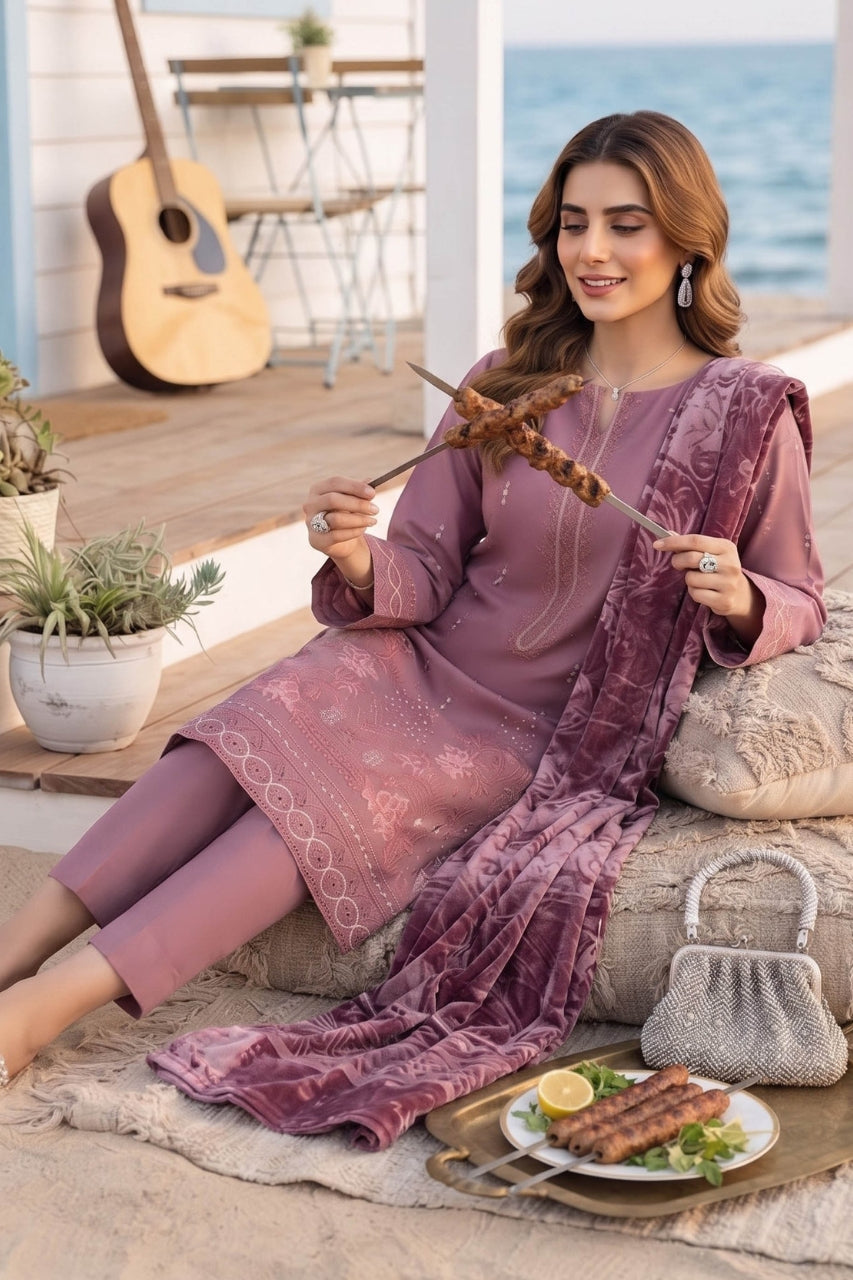 Khoshbo Sa By Anaya Noor Full Emb Dhanak With Plachi Shawl 3PC