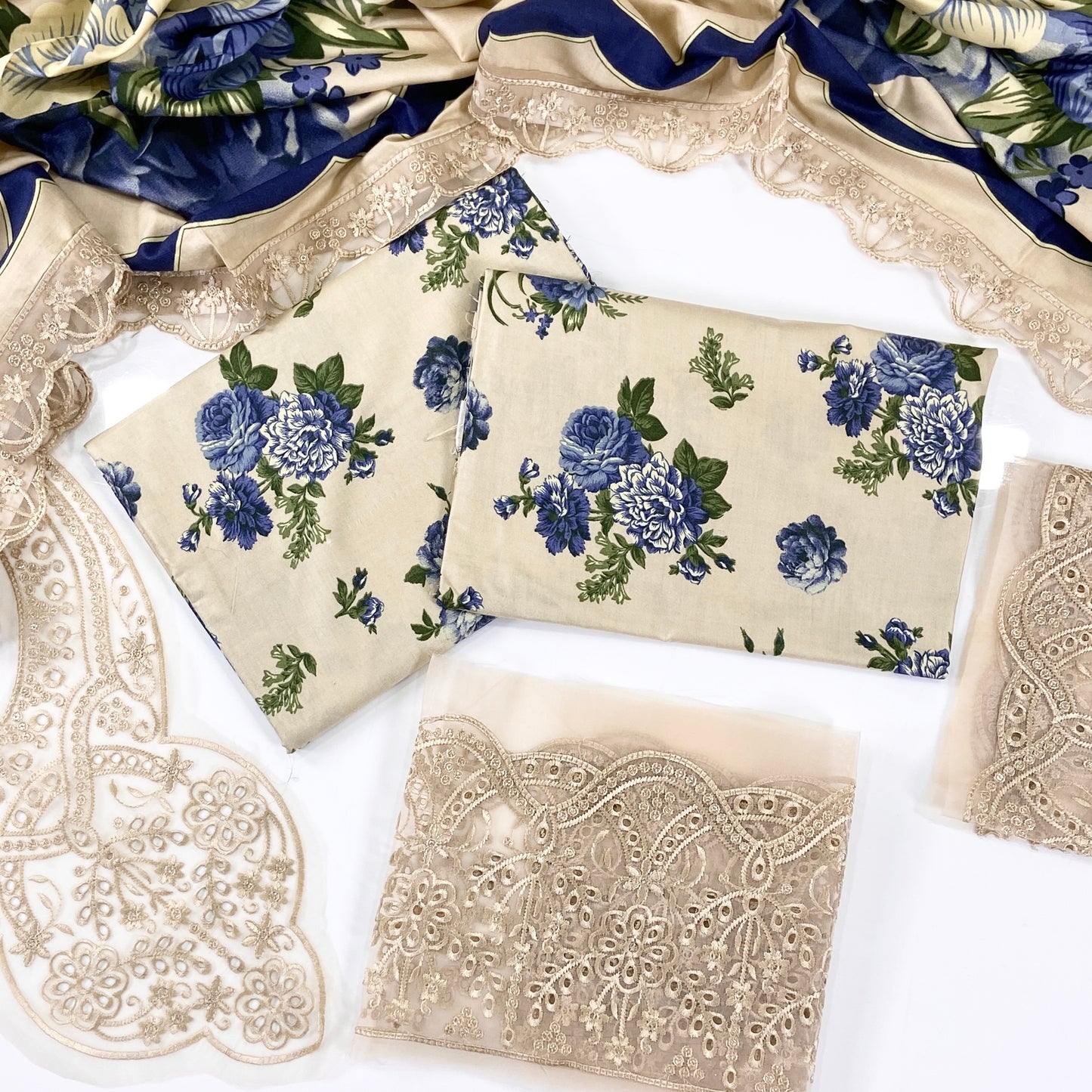 Baroque Printed Linen With Embroidered Patches-3PC