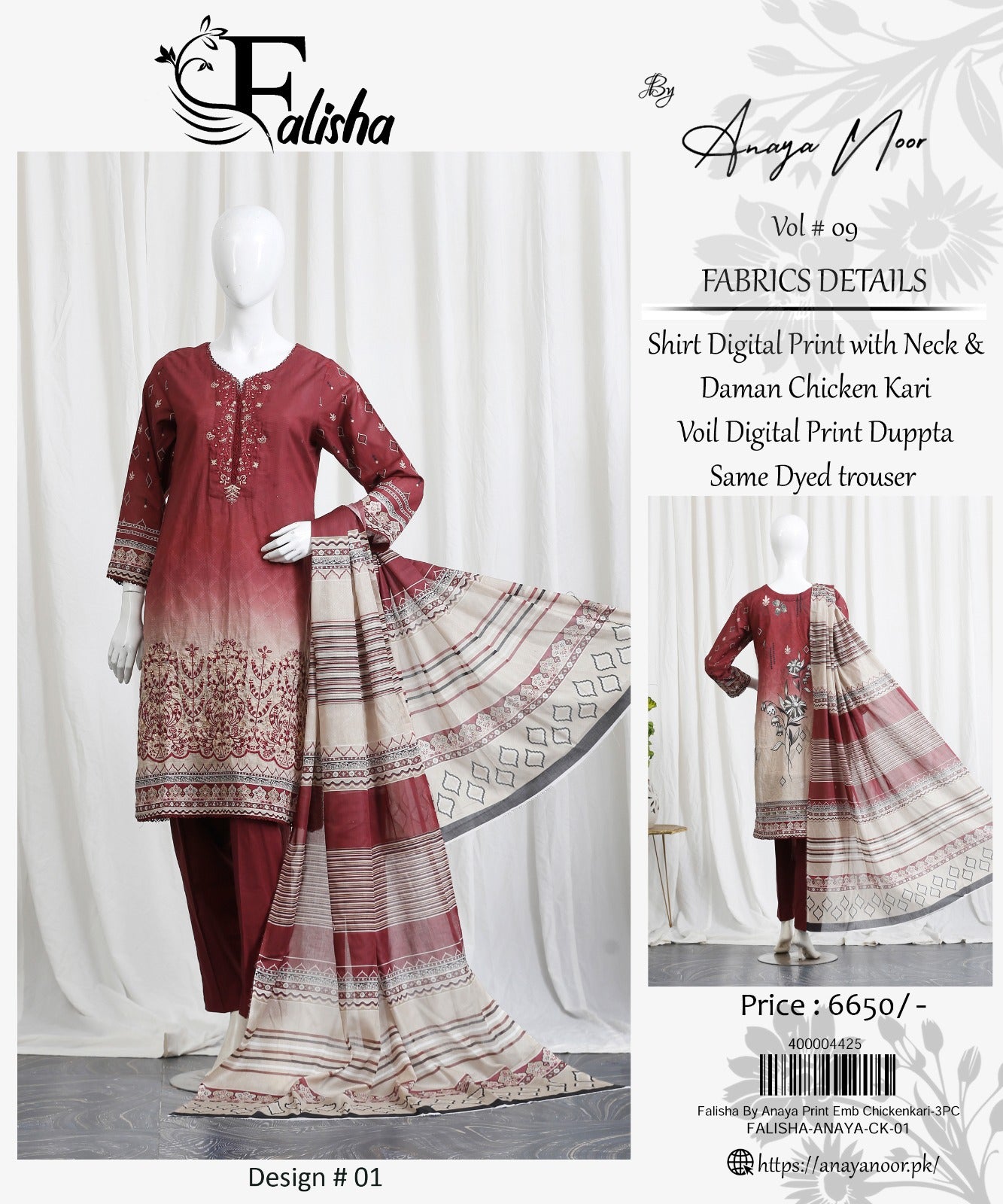 Falisha By Anaya Noor Print Emb Chickenkari 3-PC
