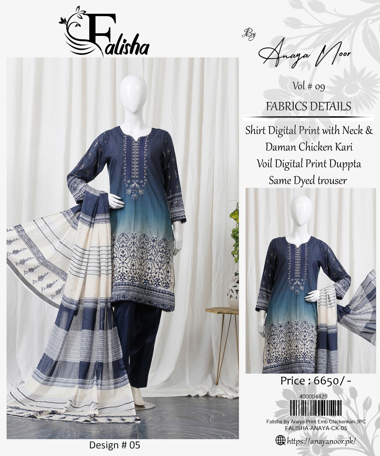 Falisha By Anaya Noor Print Emb Chickenkari 3-PC