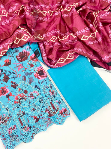 Ethnic Chickenkari Daman Linen 3PC