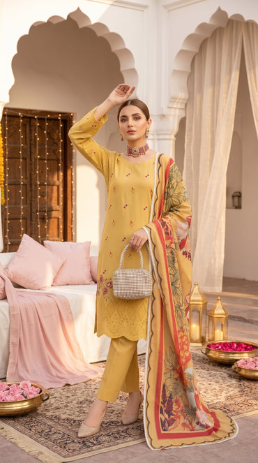 Hurab By Anaya Noor Heavy Emb Viscose With Print Cotray Shawl 3PC