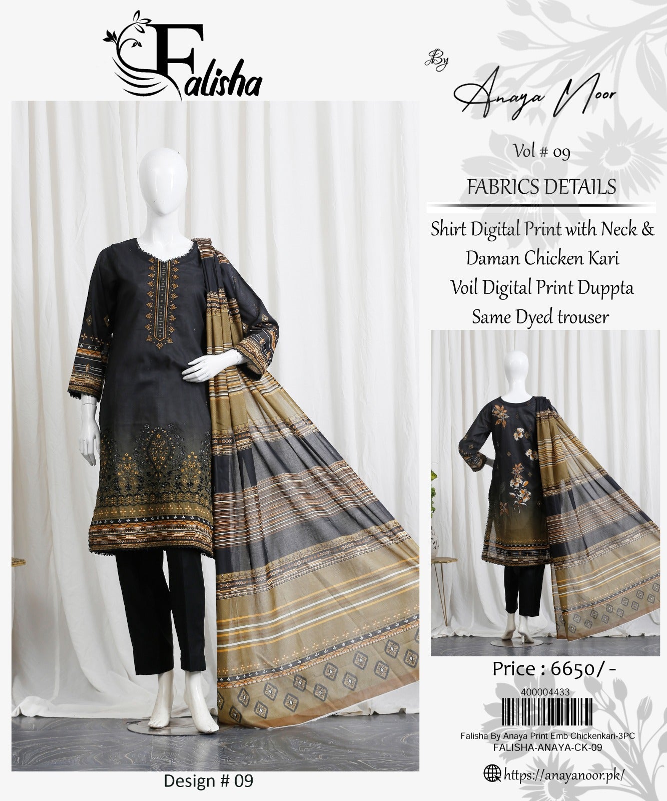 Falisha By Anaya Noor Print Emb Chickenkari 3-PC