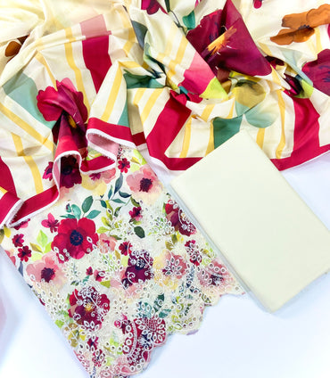 Ethnic Chickenkari Daman Linen 3PC