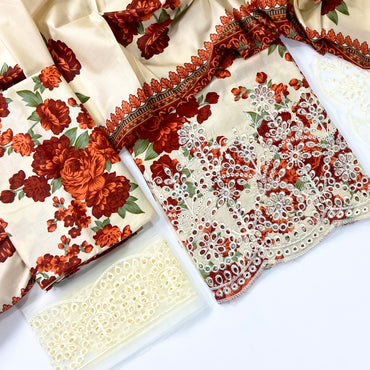 Baroque Printed Linen With Embroidered Patches-3PC