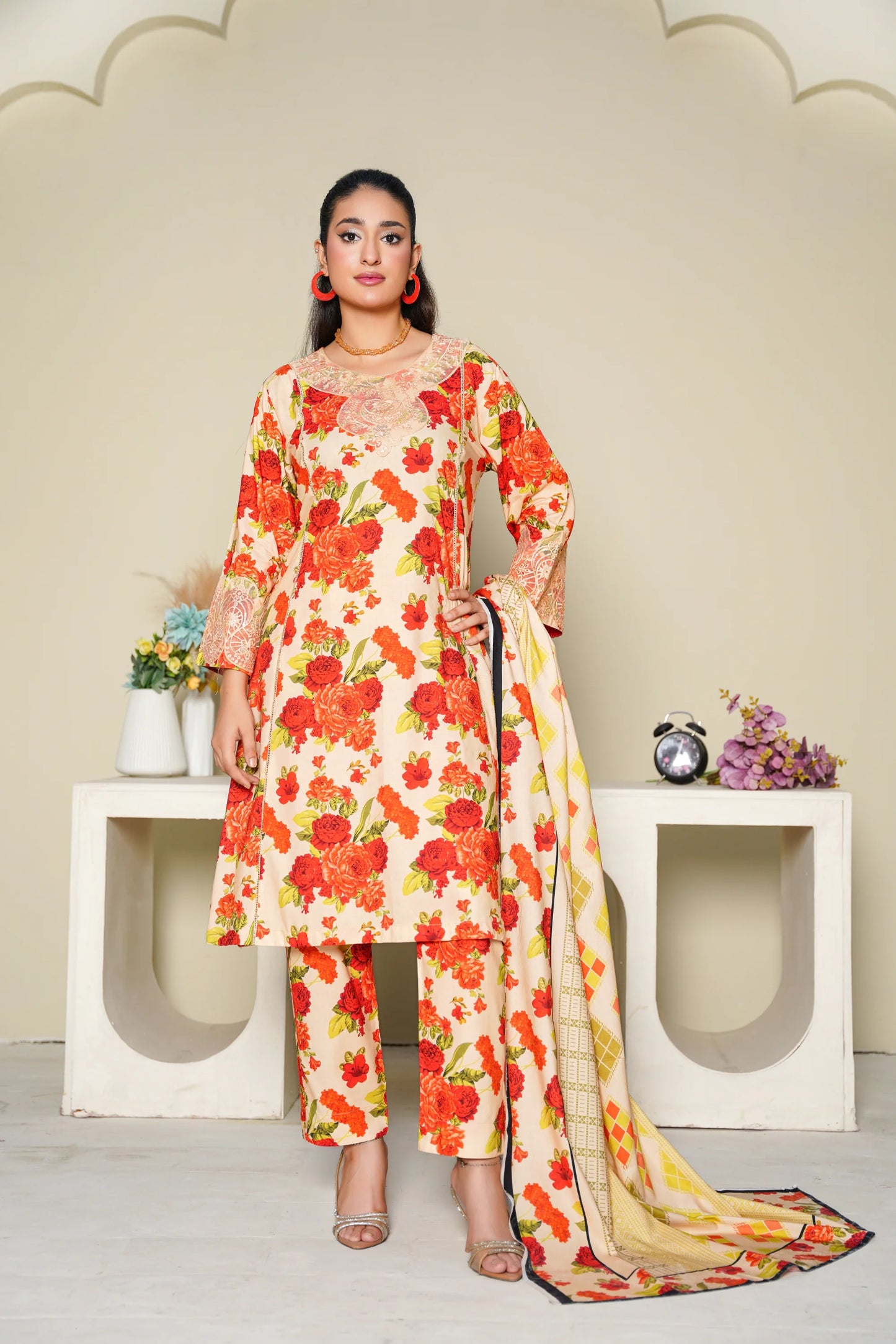 Baroque Printed Linen With Emb Patches 3PC