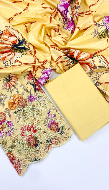 Ethnic Chickenkari Daman Linen 3PC