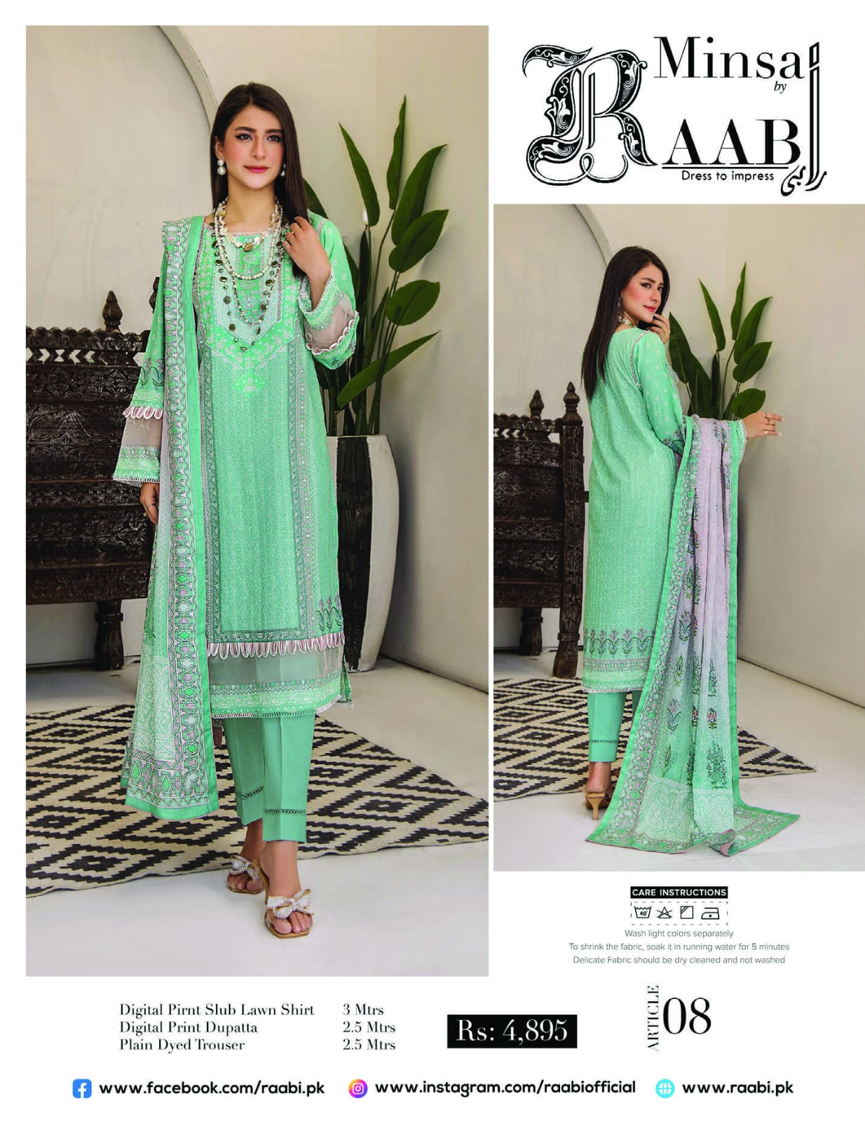 Minsa By Raabi Printed Slub Lawn 3-PC