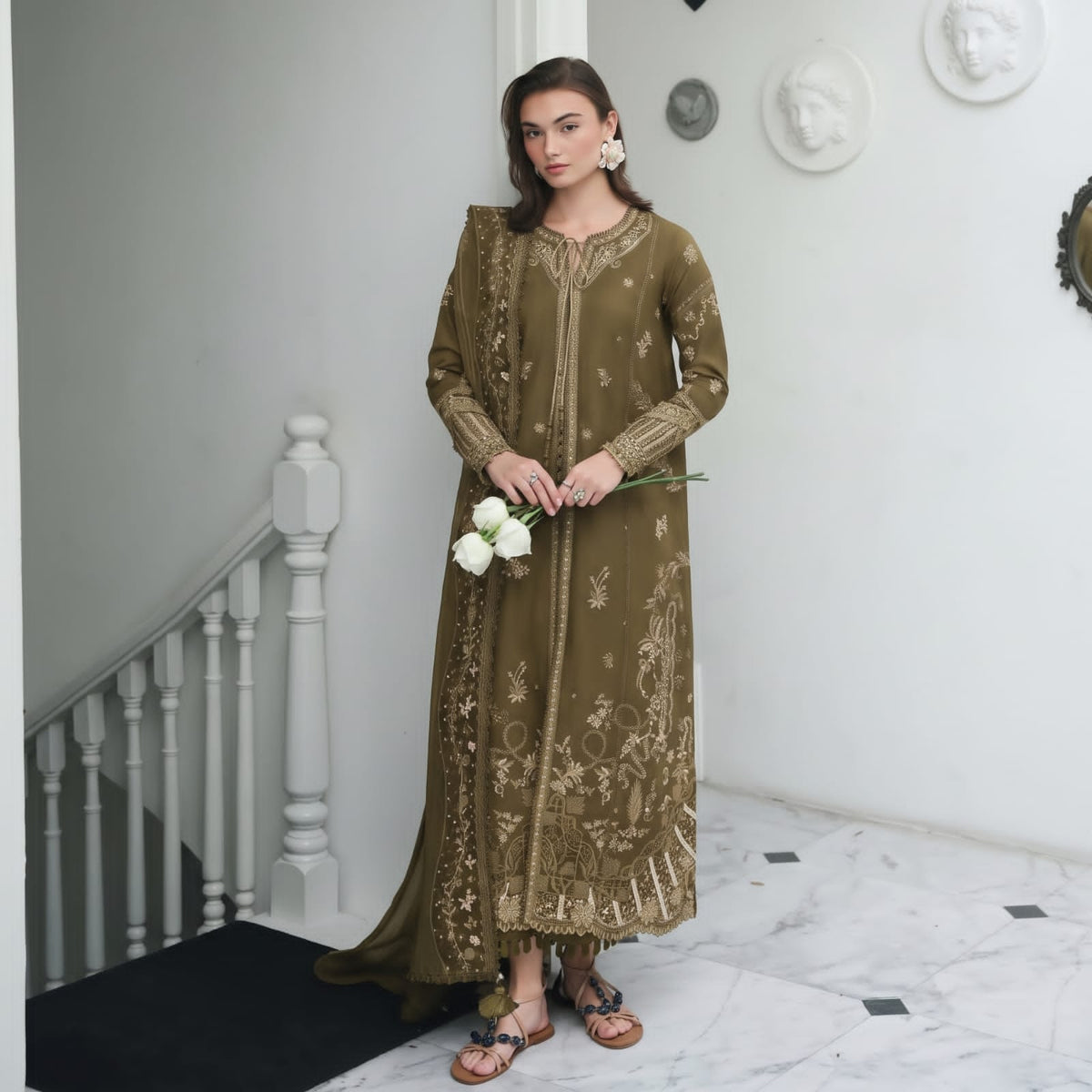 Qalamkar Vol-1 Premium Plain Emb Stitched Viscose With Open Shirt 3PC