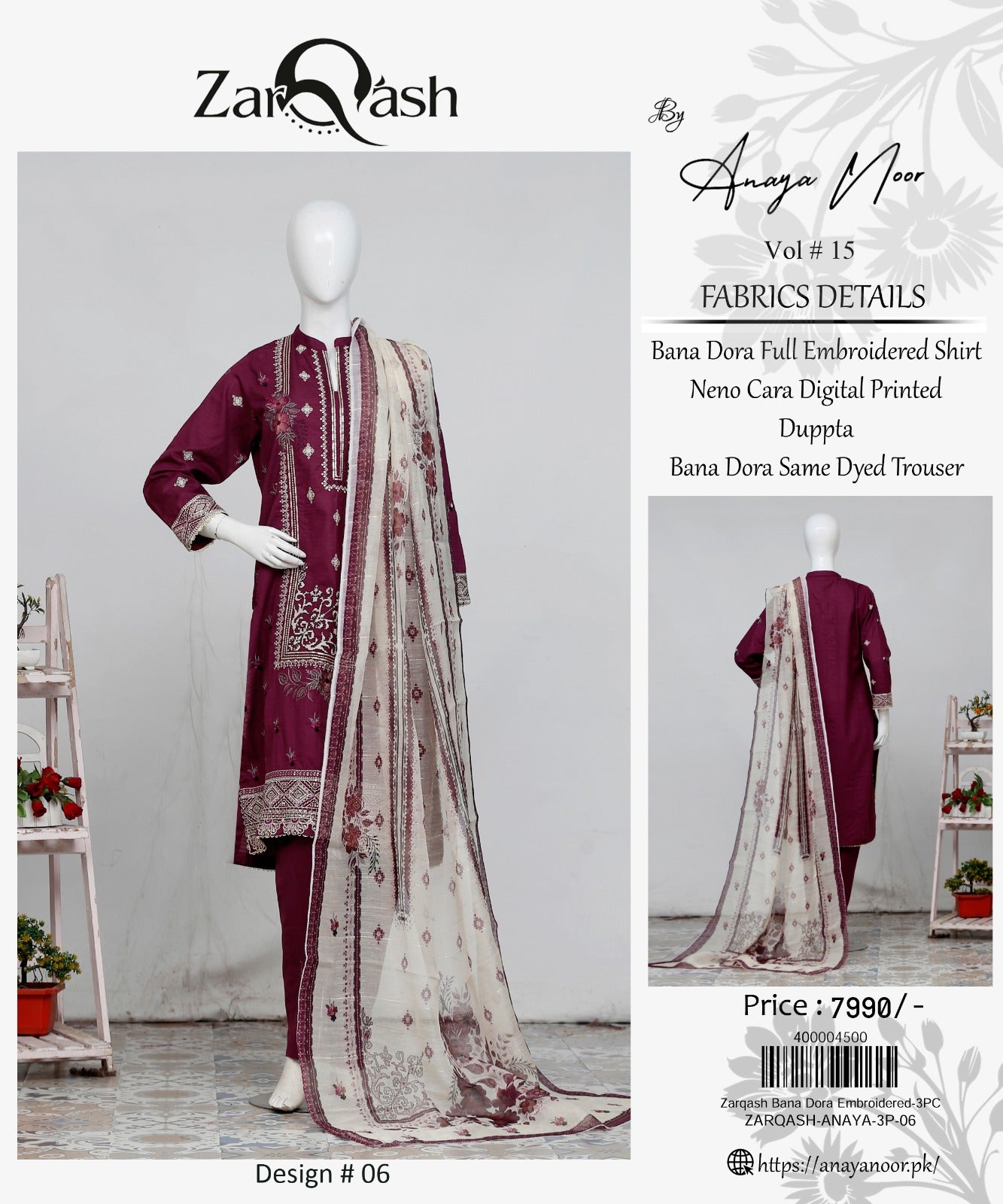 Zarqash By Anaya Noor Bana Dora Emb 3-PC