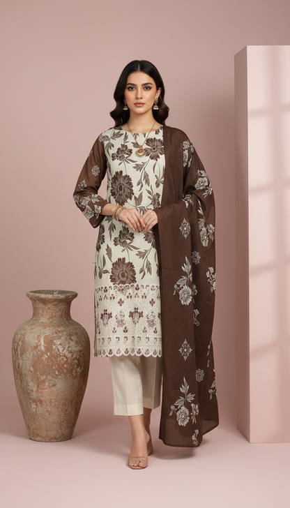 Moneva By Anaya Noor Digital Printed Chickenkari Lawn 3PC