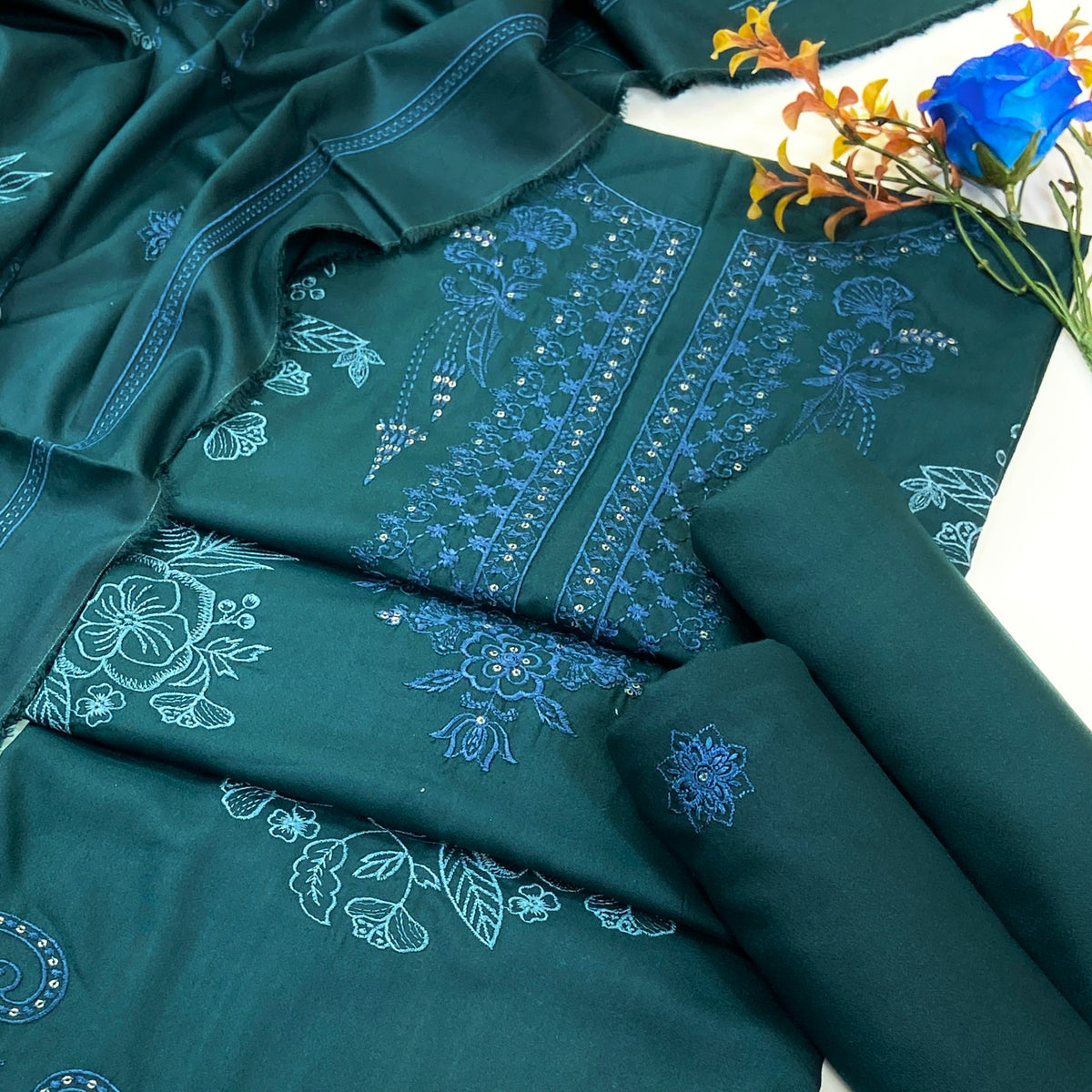 Dark Color Plain Embroidered Dhanak 3PC