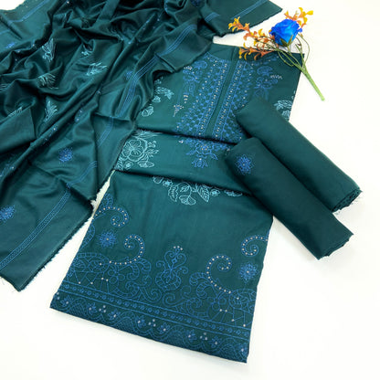 Dark Color Plain Embroidered Dhanak 3PC