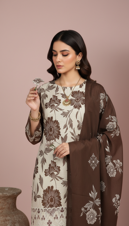 Moneva By Anaya Noor Digital Printed Chickenkari Lawn 3PC