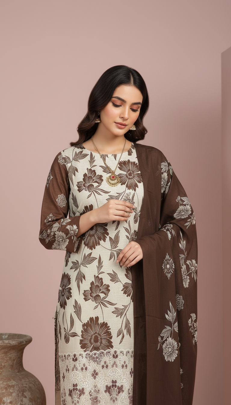 Moneva By Anaya Noor Digital Printed Chickenkari Lawn 3PC