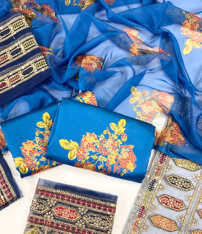 Printed Silk With Embroidered Patches 3PC