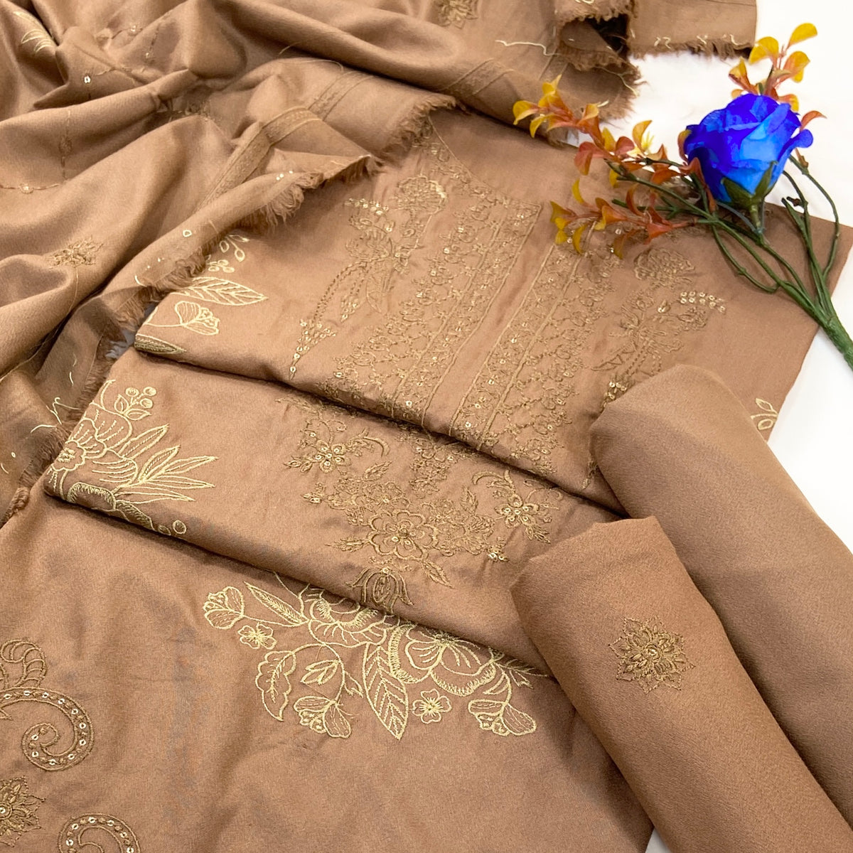 Dark Color Plain Embroidered Dhanak 3PC