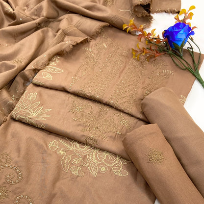 Dark Color Plain Embroidered Dhanak 3PC