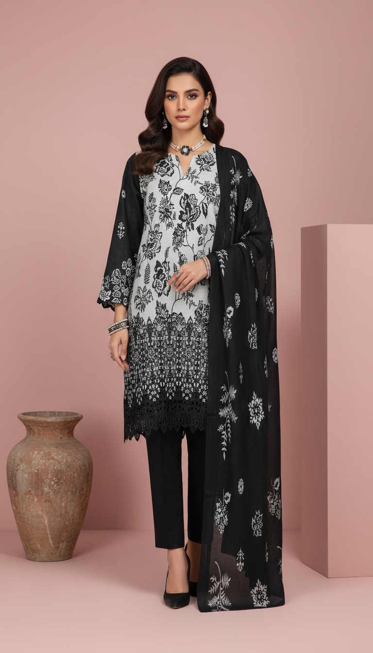 Moneva By Anaya Noor Digital Printed Chickenkari Lawn 3PC