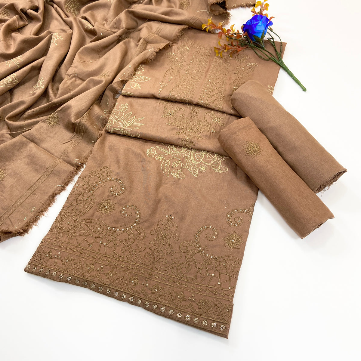 Dark Color Plain Embroidered Dhanak 3PC