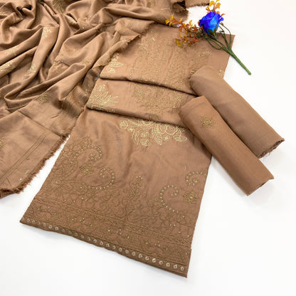 Dark Color Plain Embroidered Dhanak 3PC