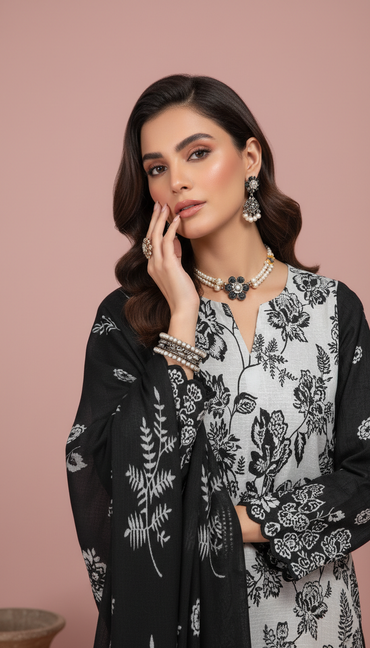 Moneva By Anaya Noor Digital Printed Chickenkari Lawn 3PC