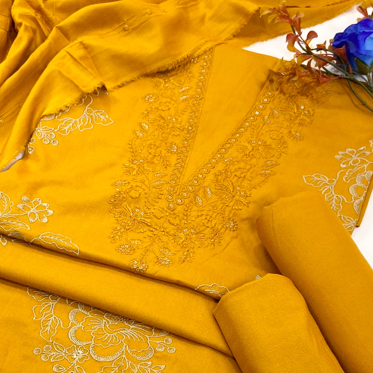 Dark Color Plain Embroidered Dhanak 3PC