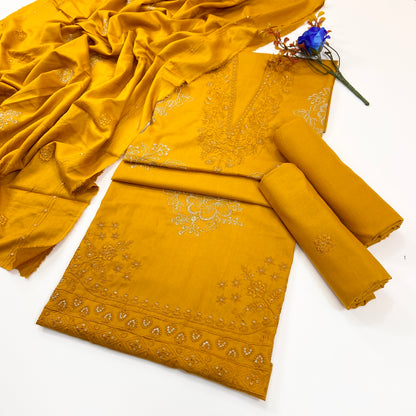 Dark Color Plain Embroidered Dhanak 3PC