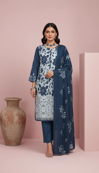 Moneva By Anaya Noor Digital Printed Chickenkari Lawn 3PC