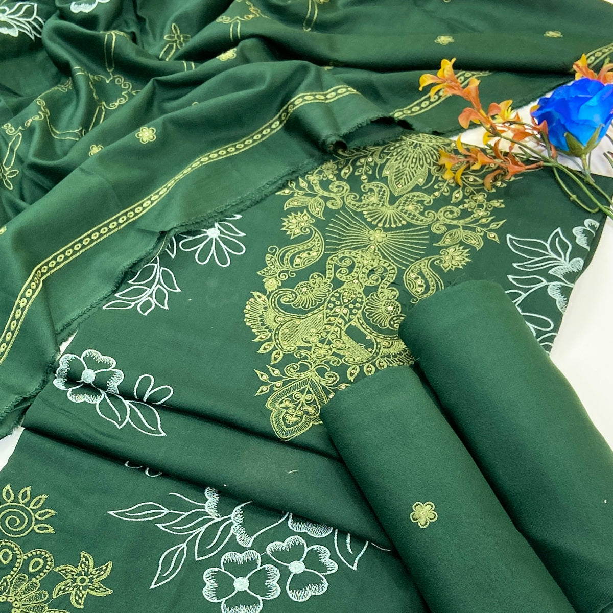 Dark Color Plain Embroidered Dhanak 3PC