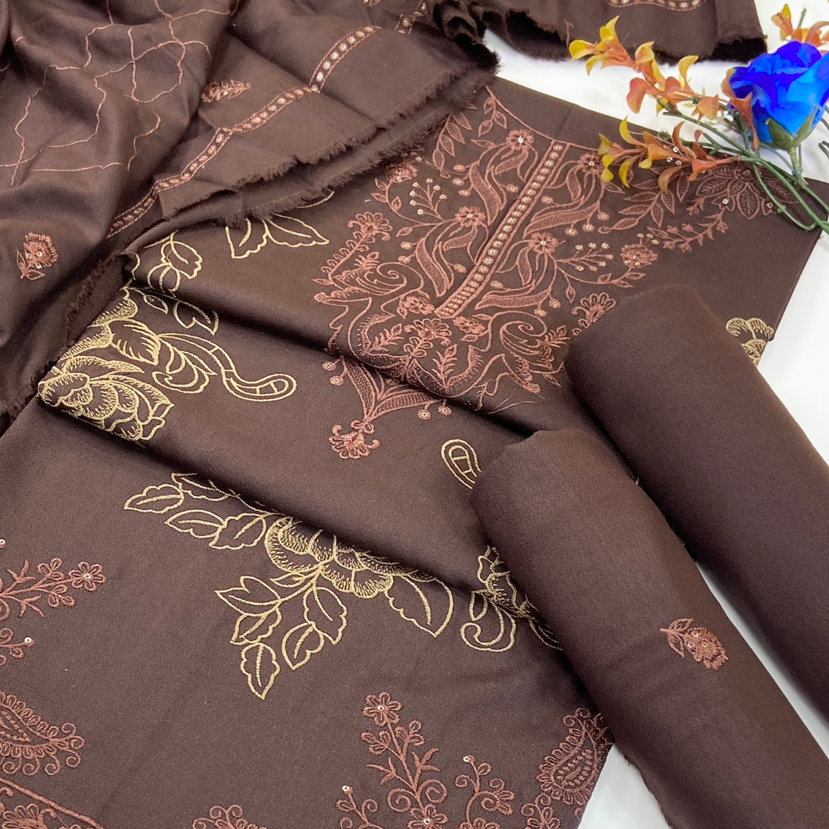 Dark Color Plain Embroidered Dhanak 3PC