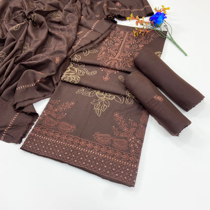 Dark Color Plain Embroidered Dhanak 3PC