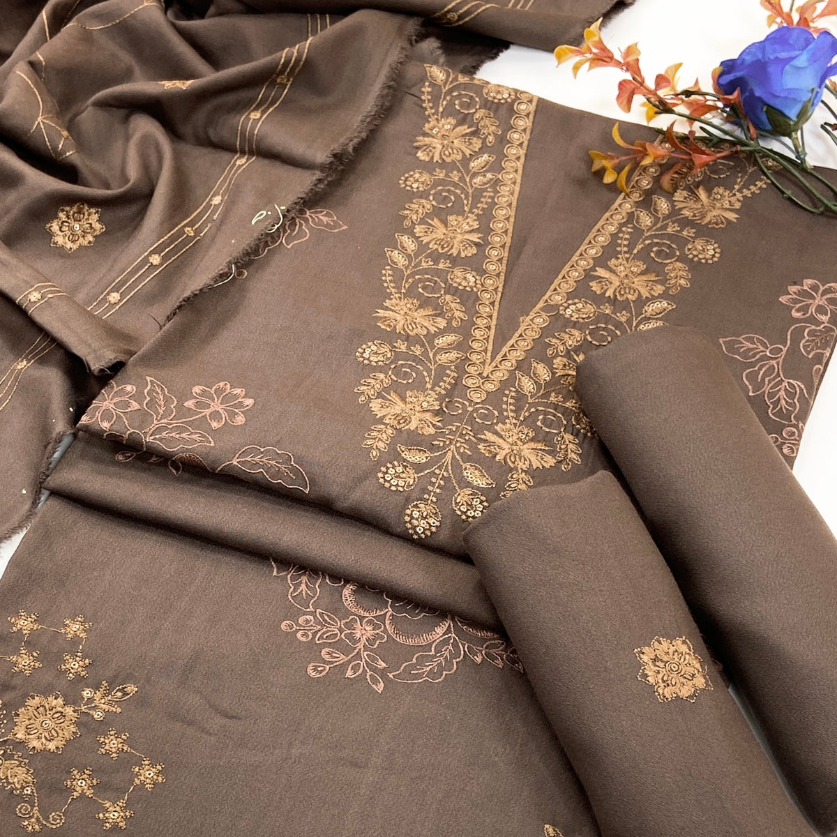 Dark Color Plain Embroidered Dhanak 3PC
