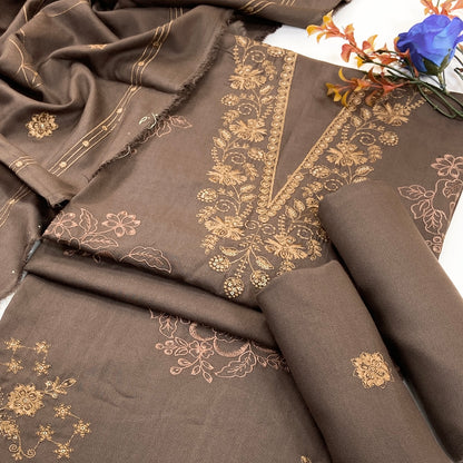 Dark Color Plain Embroidered Dhanak 3PC