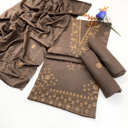 Dark Color Plain Embroidered Dhanak 3PC