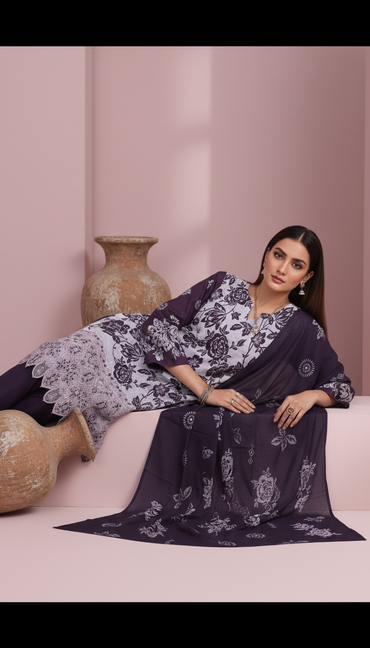 Moneva By Anaya Noor Digital Printed Chickenkari Lawn 3PC