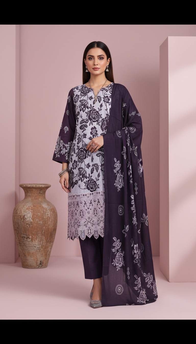 Moneva By Anaya Noor Digital Printed Chickenkari Lawn 3PC