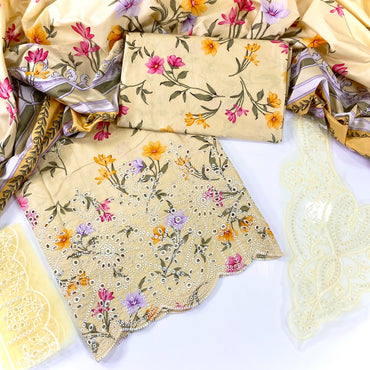 Qalamkar Printed Linen With Embroidered Patches-3PC