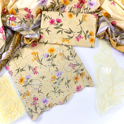 Qalamkar Printed Linen With Embroidered Patches-3PC