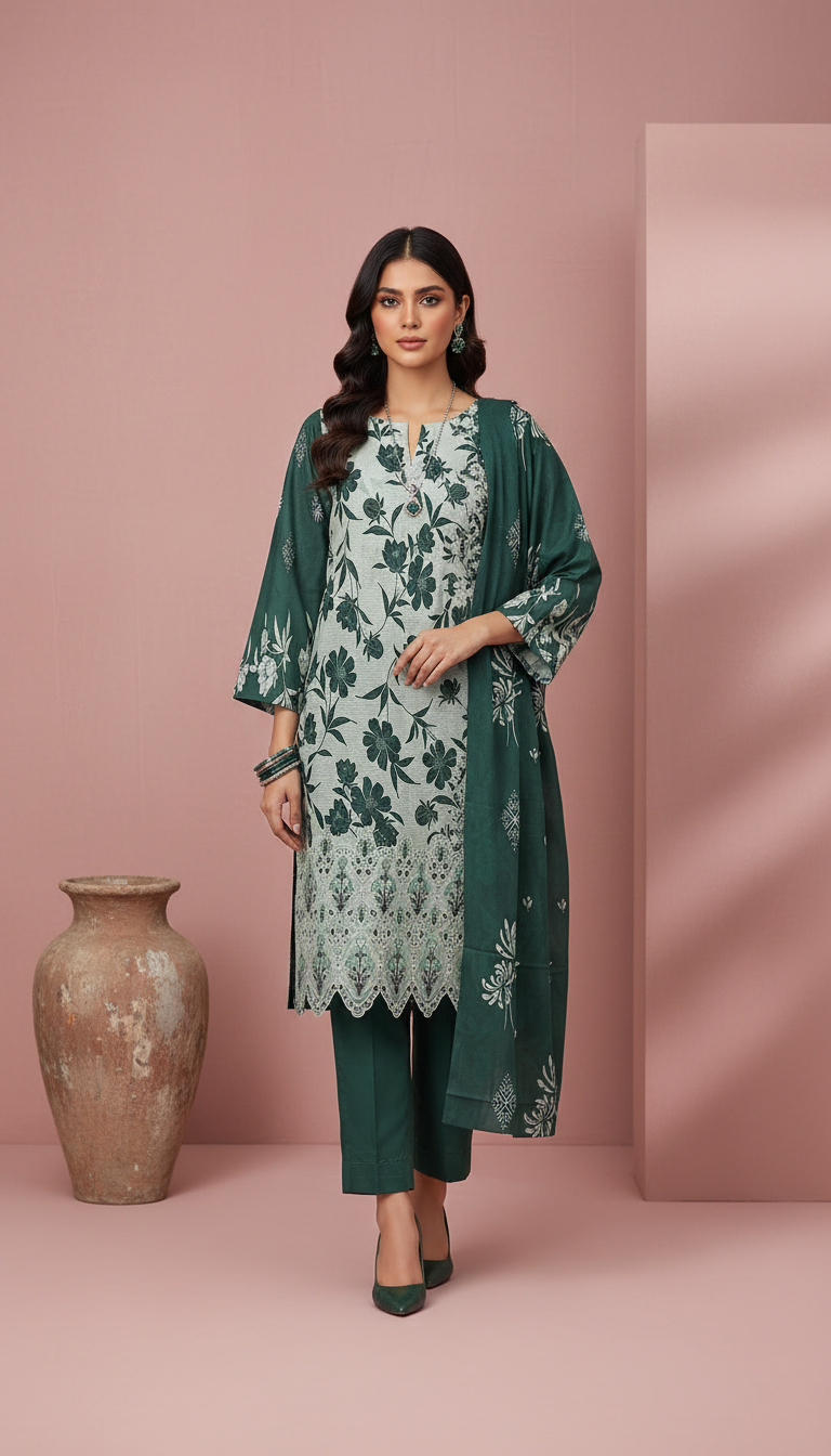 Moneva By Anaya Noor Digital Printed Chickenkari Lawn 3PC