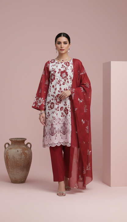 Moneva By Anaya Noor Digital Printed Chickenkari Lawn 3PC