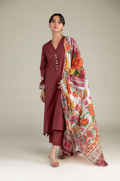 Khaadi Plain Embroidered Stitched Lawn 3PC