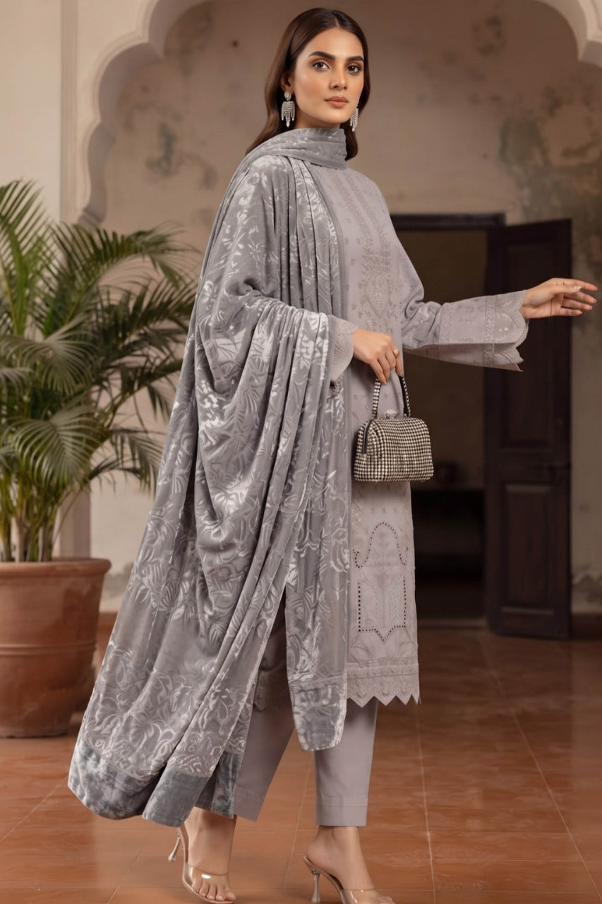 Khoshbo Sa By Anaya Noor Full Emb Dhanak With Plachi Shawl 3PC